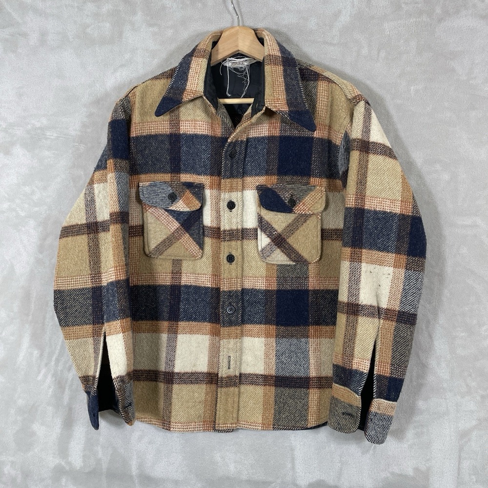 Vintage 60s Montgomery Ward Men's Wool Anchor CPO Shirt Jacket Plaid Large 21x26